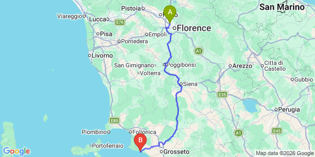 Map: Florence Airport (FLR) to Castiglione della Pescaia
