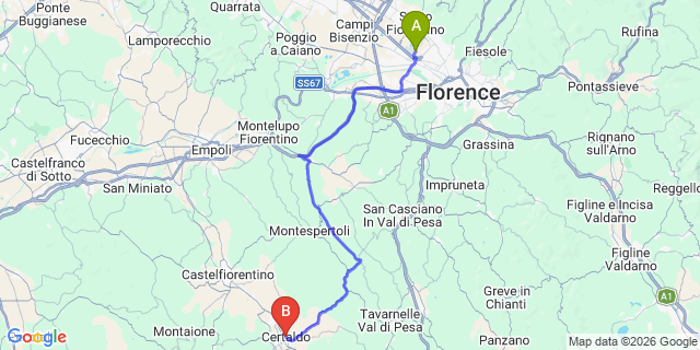Map: Florence Airport (FLR) to Certaldo