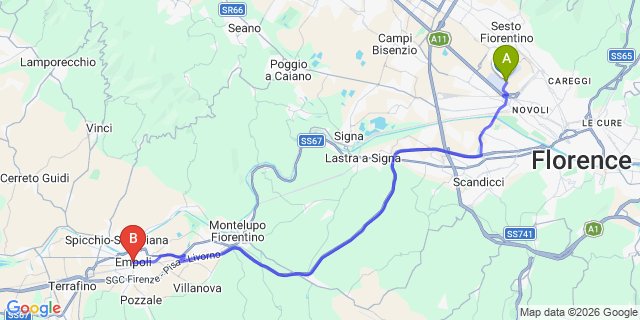 Map: Florence Airport (FLR) to Empoli