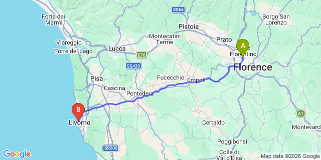 Map: Florence Airport (FLR) to Livorno cruise port