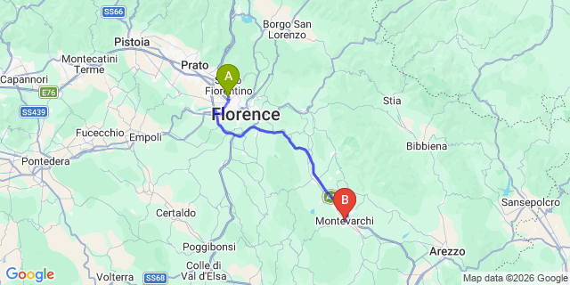 Map: Florence Airport (FLR) to Montevarchi