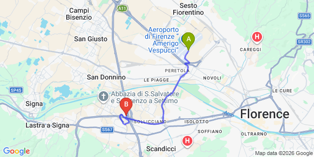 Map: Florence Airport (FLR) to Pontignale