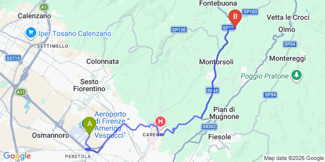 Map: Florence Airport (FLR) to Pratolino