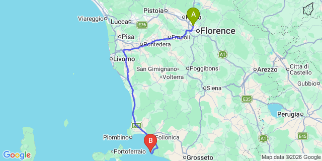 Map: Florence Airport (FLR) to Punta Ala
