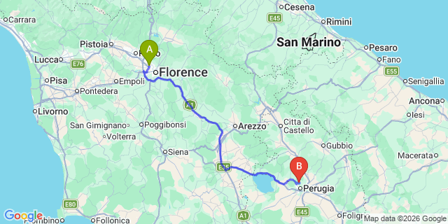 Map: Florence Airport (FLR) to San Marino (Perugia)