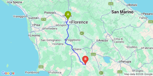 Map: Florence Airport (FLR) to San Quirico d’Orcia