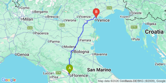 Map: Florence Airport (FLR) to cancelVenice Marco Polo airport