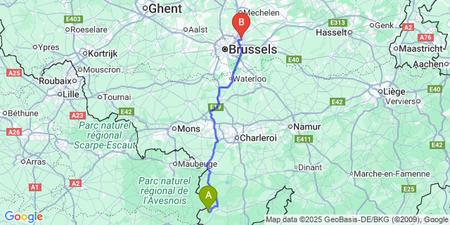 Map: Brussels Zaventem Airport (BRU) to Monceau-Imbrechies