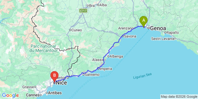 Map: Genoa Airport (GOA) to Nice city (all areas)