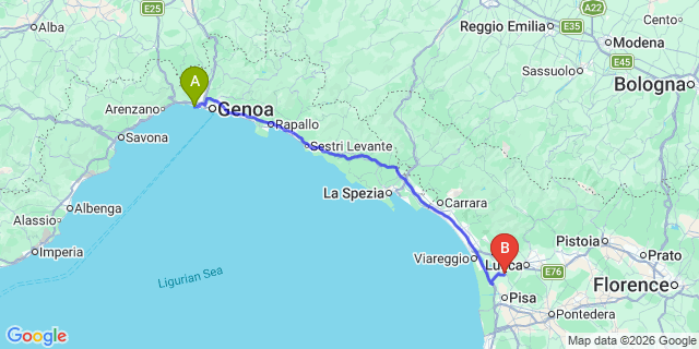 Map: Genoa Airport (GOA) to cancelPisa city (all areas)