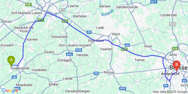 Map: Brussels Midi Train Station to Moregem