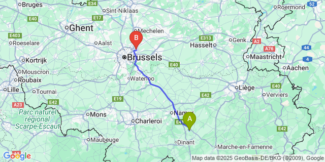 Map: Brussels Zaventem Airport (BRU) to Natoye