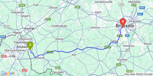 Map: Brussels Midi Train Station to Néchin