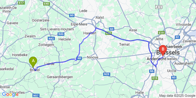 Map: Brussels Midi Train Station to Nederbrakel