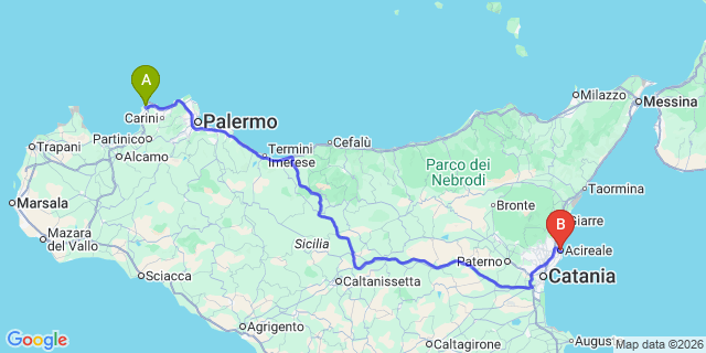 Map: Palermo Airport (PMO) to Acireale