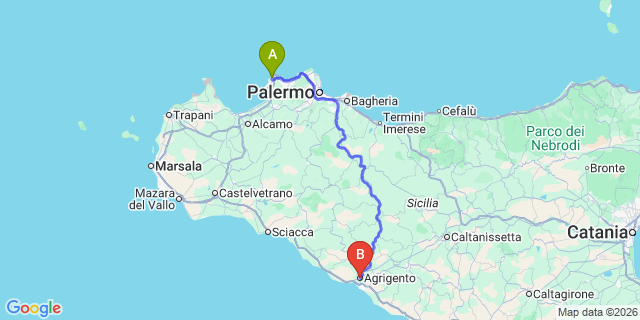 Map: Palermo Airport (PMO) to Agrigento