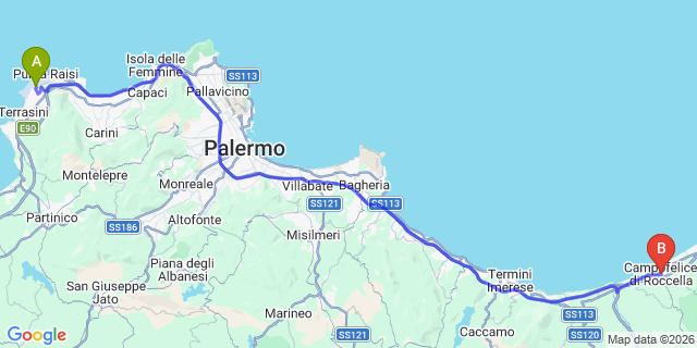 Map: Palermo Airport (PMO) to Campofelice di Roccella