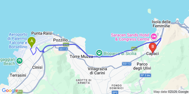 Map: Palermo Airport (PMO) to Capaci