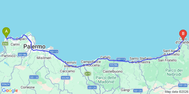 Map: Palermo Airport (PMO) to Capo d’Orlando