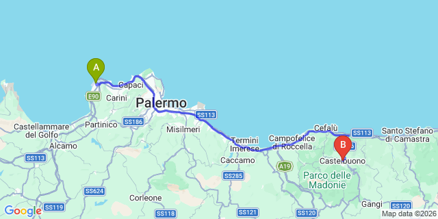 Map: Palermo Airport (PMO) to Castelbuono