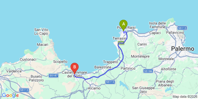 Map: Palermo Airport (PMO) to Castellammare del Golfo