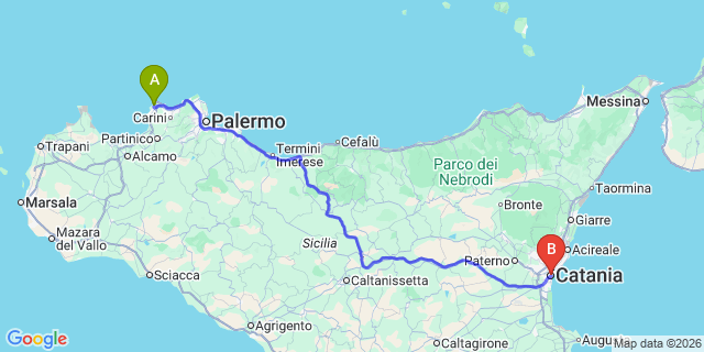 Map: Palermo Airport (PMO) to Catania city (all areas)