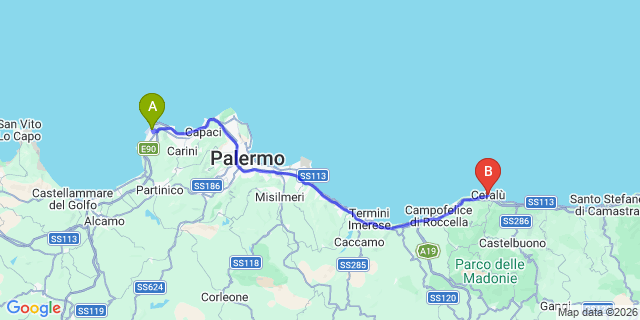 Map: Palermo Airport (PMO) to Cefalù