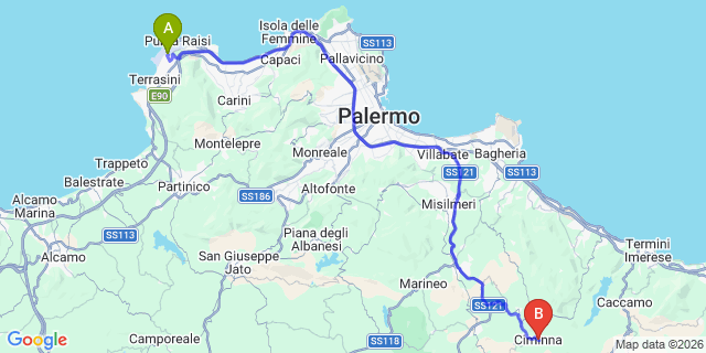 Map: Palermo Airport (PMO) to Ciminna