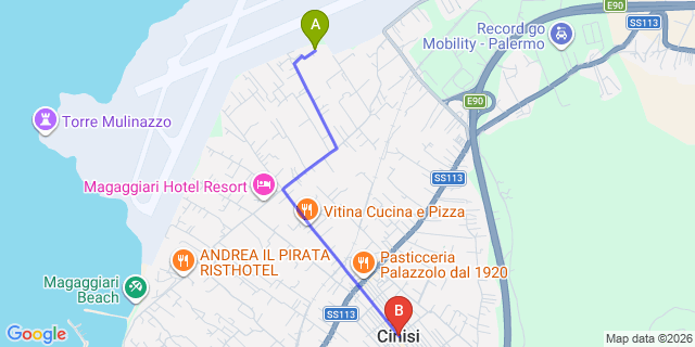 Map: Palermo Airport (PMO) to Cinisi