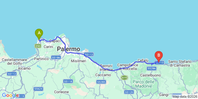 Map: Palermo Airport (PMO) to Finale (Pollina)