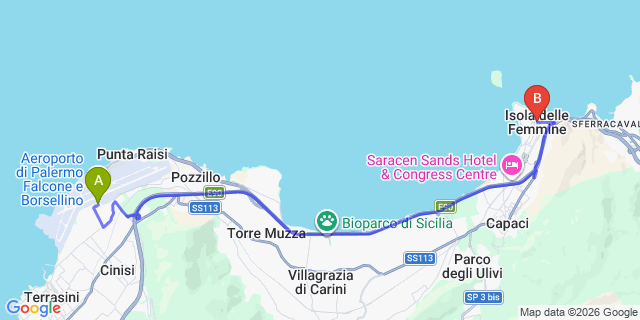 Map: Palermo Airport (PMO) to Isola delle Femmine