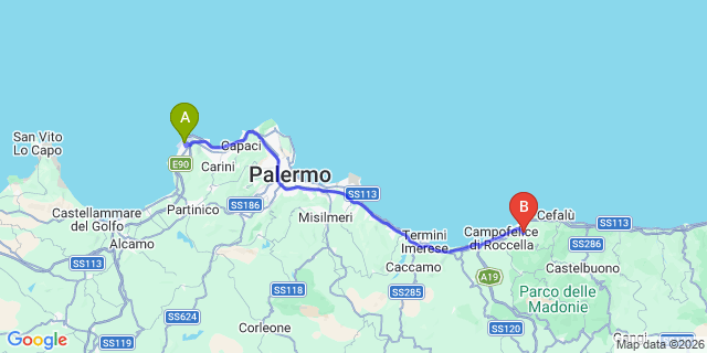 Map: Palermo Airport (PMO) to Lascari