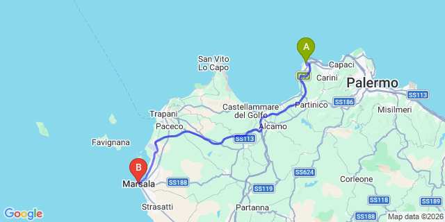 Map: Palermo Airport (PMO) to Marsala
