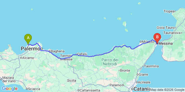 Map: Palermo Airport (PMO) to Messina port