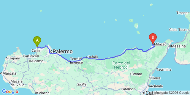 Map: Palermo Airport (PMO) to Milazzo