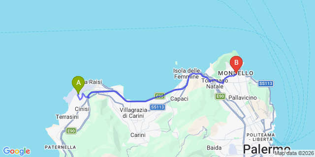 Map: Palermo Airport (PMO) to Mondello