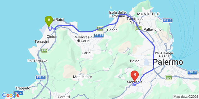 Map: Palermo Airport (PMO) to Monreale