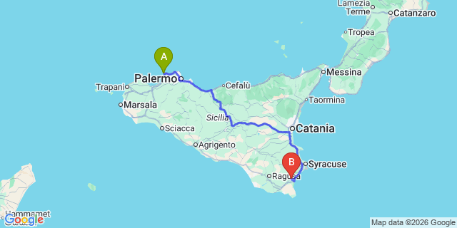 Map: Palermo Airport (PMO) to Noto
