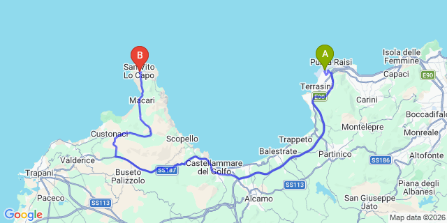 Map: Palermo Airport (PMO) to San Vito lo Capo