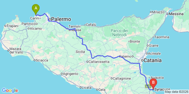 Map: Palermo Airport (PMO) to Siracusa