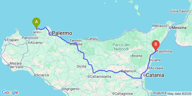 Map: Palermo Airport (PMO) to Taormina