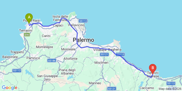 Map: Palermo Airport (PMO) to Termini Imerese