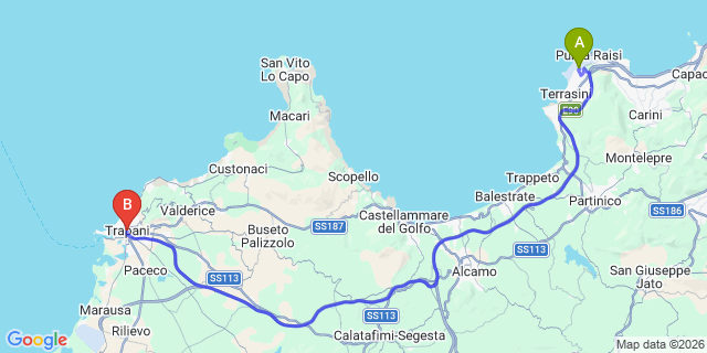 Map: Palermo Airport (PMO) to Trapani city