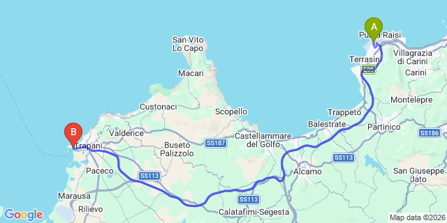 Map: Palermo Airport (PMO) to Trapani cruise port