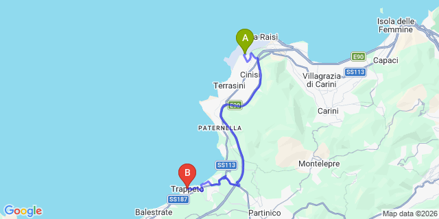 Map: Palermo Airport (PMO) to Trappeto