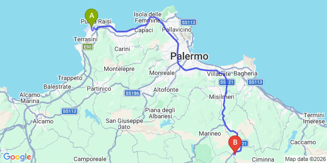Map: Palermo Airport (PMO) to Villafrati