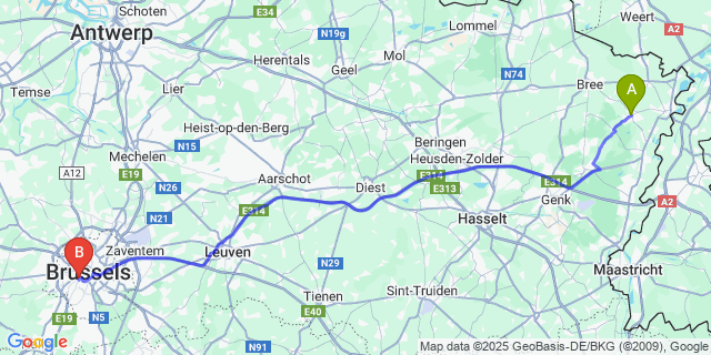 Map: Brussels Midi Train Station to Neeroeteren
