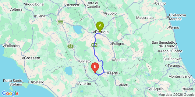 Map: Perugia Airport (PEG) to Amelia