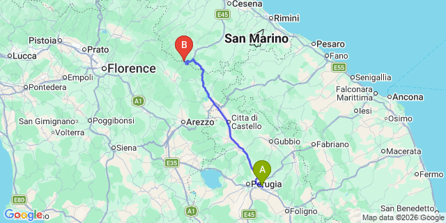 Map: Perugia Airport (PEG) to Arezzo