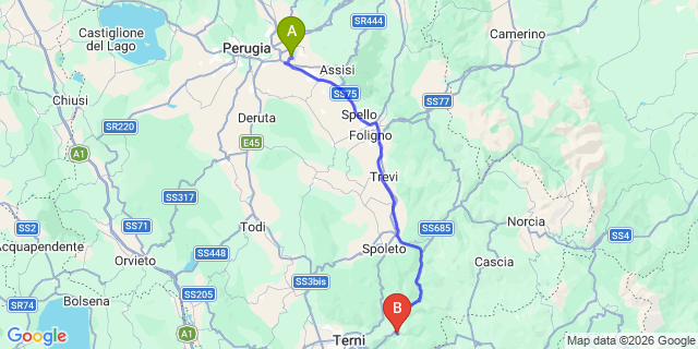Map: Perugia Airport (PEG) to Arrone